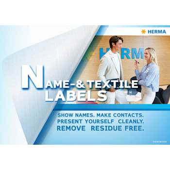 Étiquettes de nom et de textile avec des instructions d'utilisation : afficher des noms, établir des contacts, présenter proprement, enlever sans résidu.