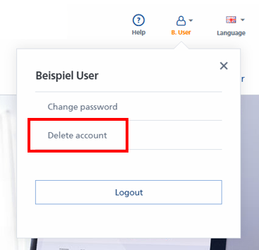 Interface utilisateur avec des options "Changer le mot de passe" et "Supprimer le compte" en lettres rouges.