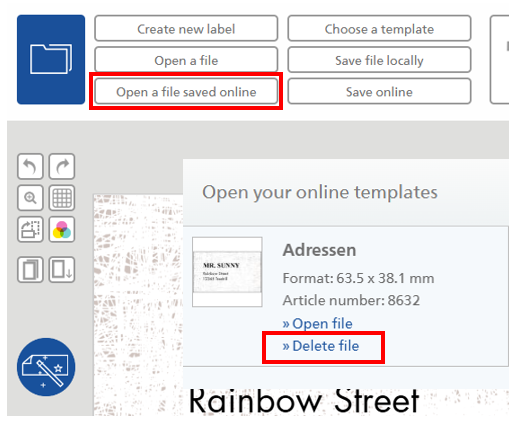 Boutons pour la gestion des fichiers avec des options pour ouvrir et supprimer des modèles en ligne, ainsi qu'un format d'adresse et un numéro d'article.