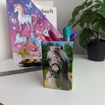 Image d'application : pot à crayons chevaux sur un bureau d'enfant