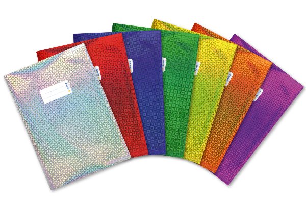 Illustration de protège-cahier en film holographique brillant dans différentes couleurs.