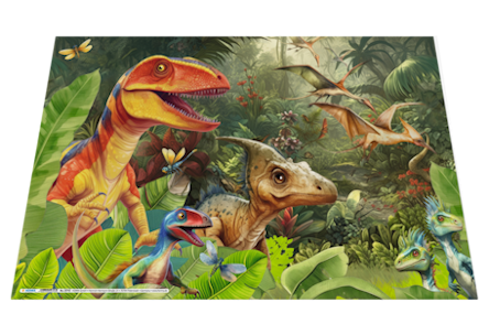 Des dinosaures dans une jungle luxuriante, dont un Tyrannosaurus rex, un vélociraptor et d'autres créatures préhistoriques, entourés de plantes.