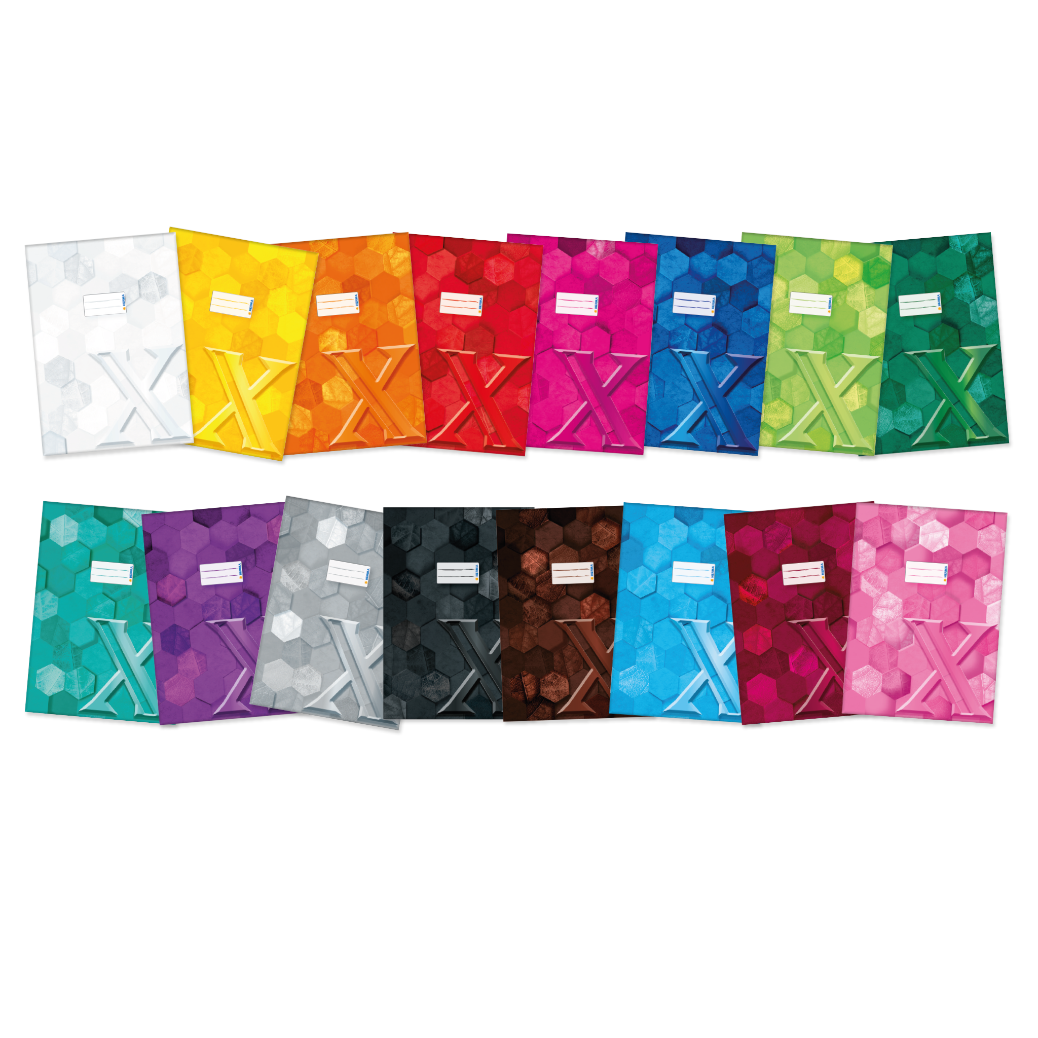 Bunte Notizhefte in verschiedenen Farben, angeordnet in einer Reihe. Jedes Heft hat ein Feld für einen Titel oder Namen.