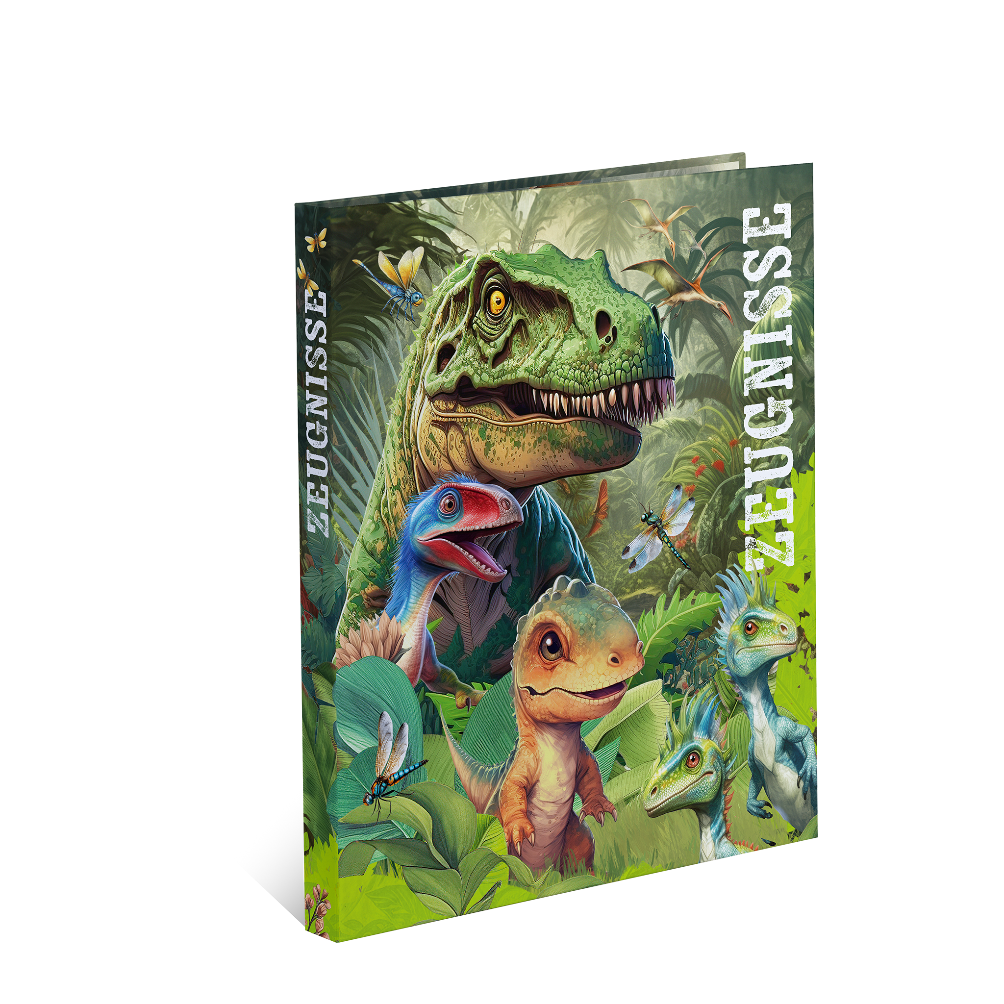 Un carnet coloré avec des dinosaures sur la couverture, dont un Tyrannosaure Rex et différentes autres espèces de dinosaures dans un environnement verdoyant.