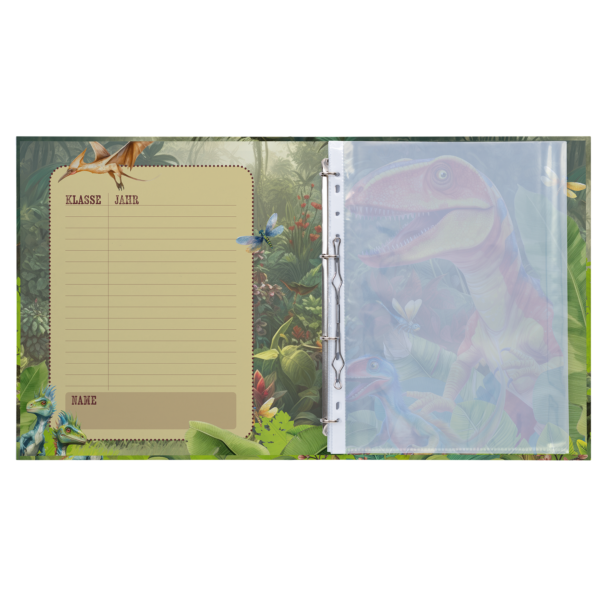 Un cahier avec un motif de dinosaure en arrière-plan. À gauche, des lignes vides pour la classe et l'année, à droite une couverture transparente.