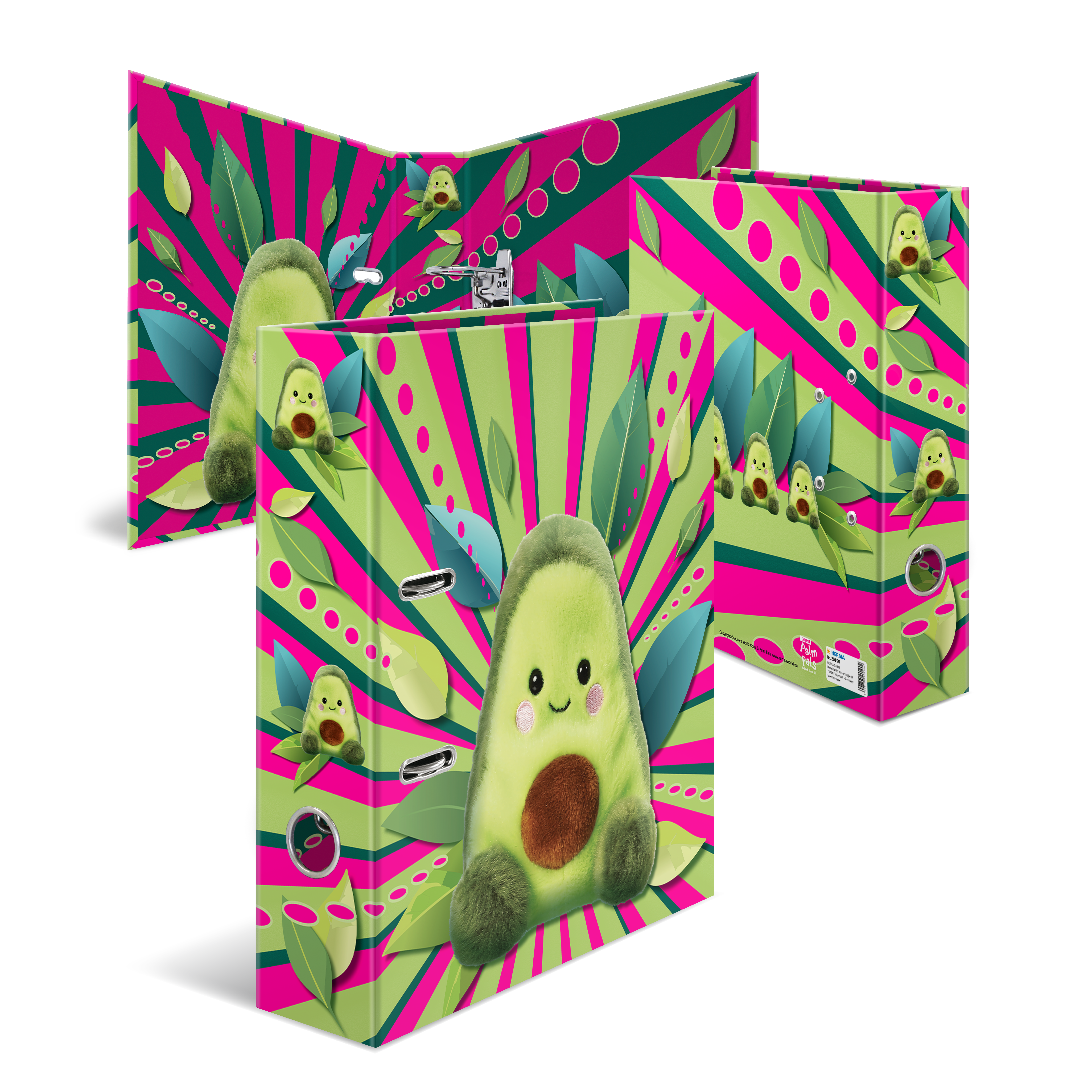 Bunte Ordner mit einem cartoonhaften Avocado-Motiv, umgeben von grünen Blättern und strahlenden pinken Streifen.
