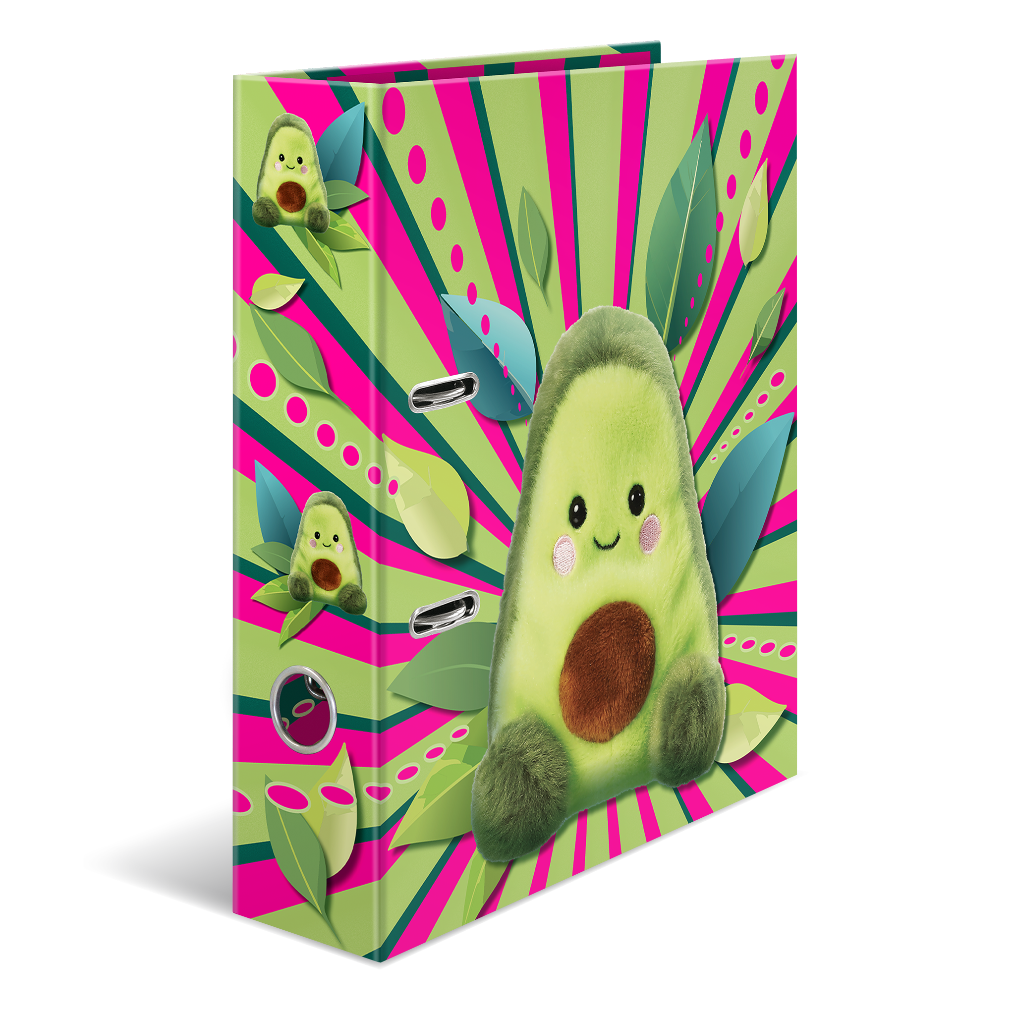 Ein Ordner mit einem niedlichen Avocado-Motiv, umgeben von bunten, strahlenden Mustern und Blättern.