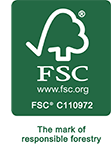 Logo FSC sur fond vert, symbolisant une gestion forestière responsable. Contient le site web et le numéro de certification.