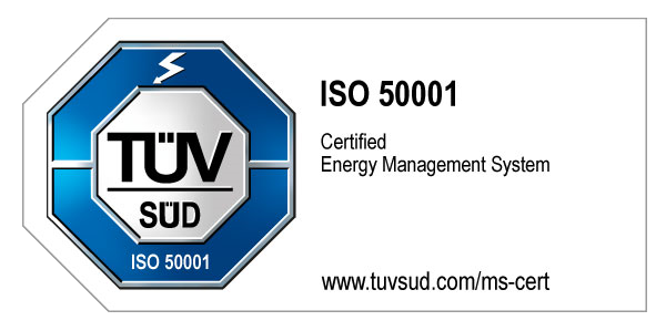 Certificat pour le système de management de l'énergie ISO 50001 de TÜV SÜD, incluant le logo et l'URL du site web.