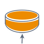 Un palet rond, orange avec un bord blanc, qui pointe vers le haut.