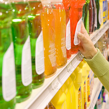 Une main saisit une bouteille rouge sur une étagère remplie de bouteilles de différentes couleurs, y compris des vertes et des oranges.