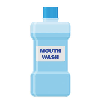 Rince-bouche bleu dans une bouteille transparente avec un couvercle bleu et une étiquette indiquant 'RINCE-BOUCHE'.