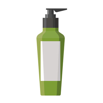 Flacon vert avec bouchon-pompe, vide, avec une étiquette blanche à l'avant. Idéal pour les lotions ou les liquides.