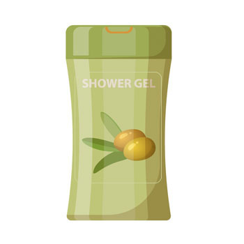 Flacon de gel douche avec un emballage vert et une illustration d'olives.