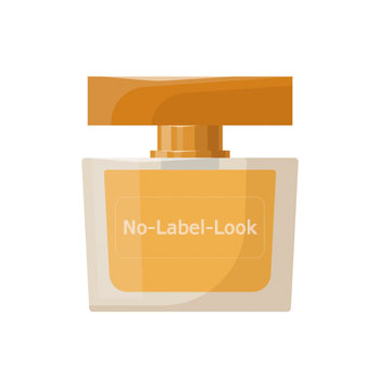 Flacon de parfum au design minimaliste, avec un couvercle orange et l'inscription « No-Label-Look » sur le devant.