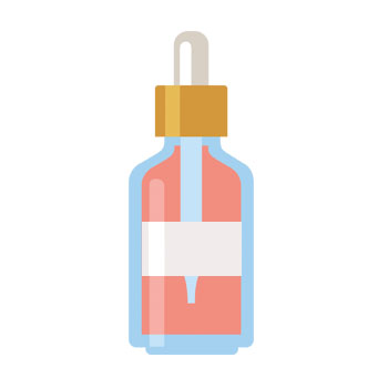 Une bouteille compte-gouttes avec un bouchon doré et un liquide rouge, qui peut être utilisée à des fins cosmétiques ou médicales.