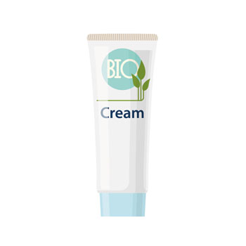 Tube avec de la crème BIO, blanc avec un capuchon bleu et un logo vert présentant des motifs végétaux.