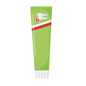 Tube de dentifrice vert avec un logo de dent blanc et une bande rouge.