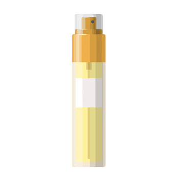 Un flacon transparent avec un liquide jaune et un spray orange. Le flacon a une étiquette vide.