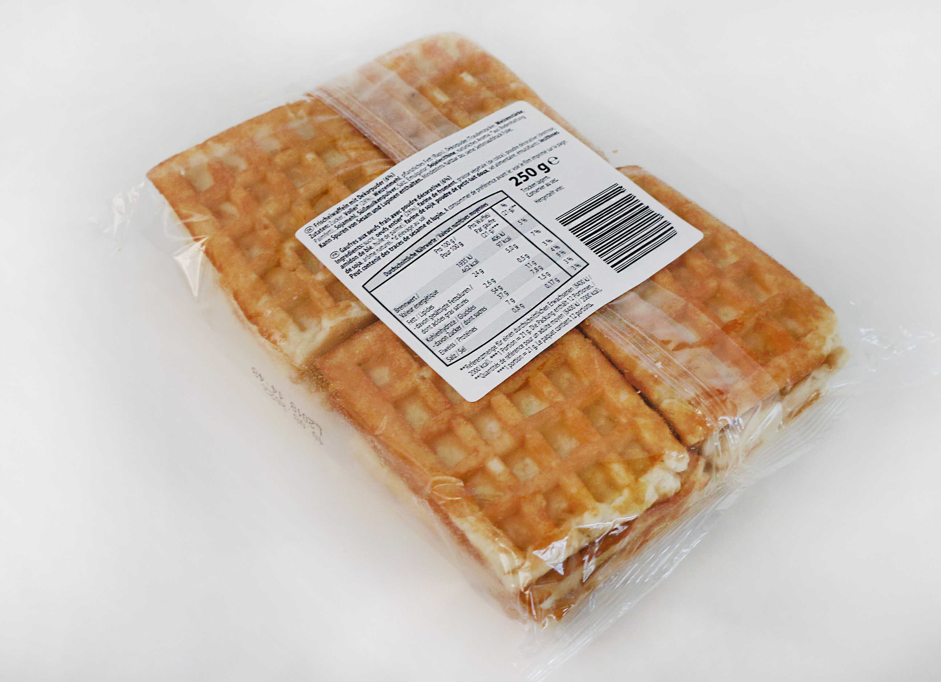 Emballage de gaufres, 250 g, avec informations nutritionnelles et liste des ingrédients sur l'étiquette.