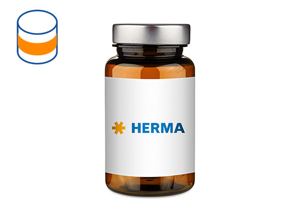 Bouteille en verre brun avec un couvercle argenté, étiquetée avec le mot "HERMA" sur une étiquette blanche.