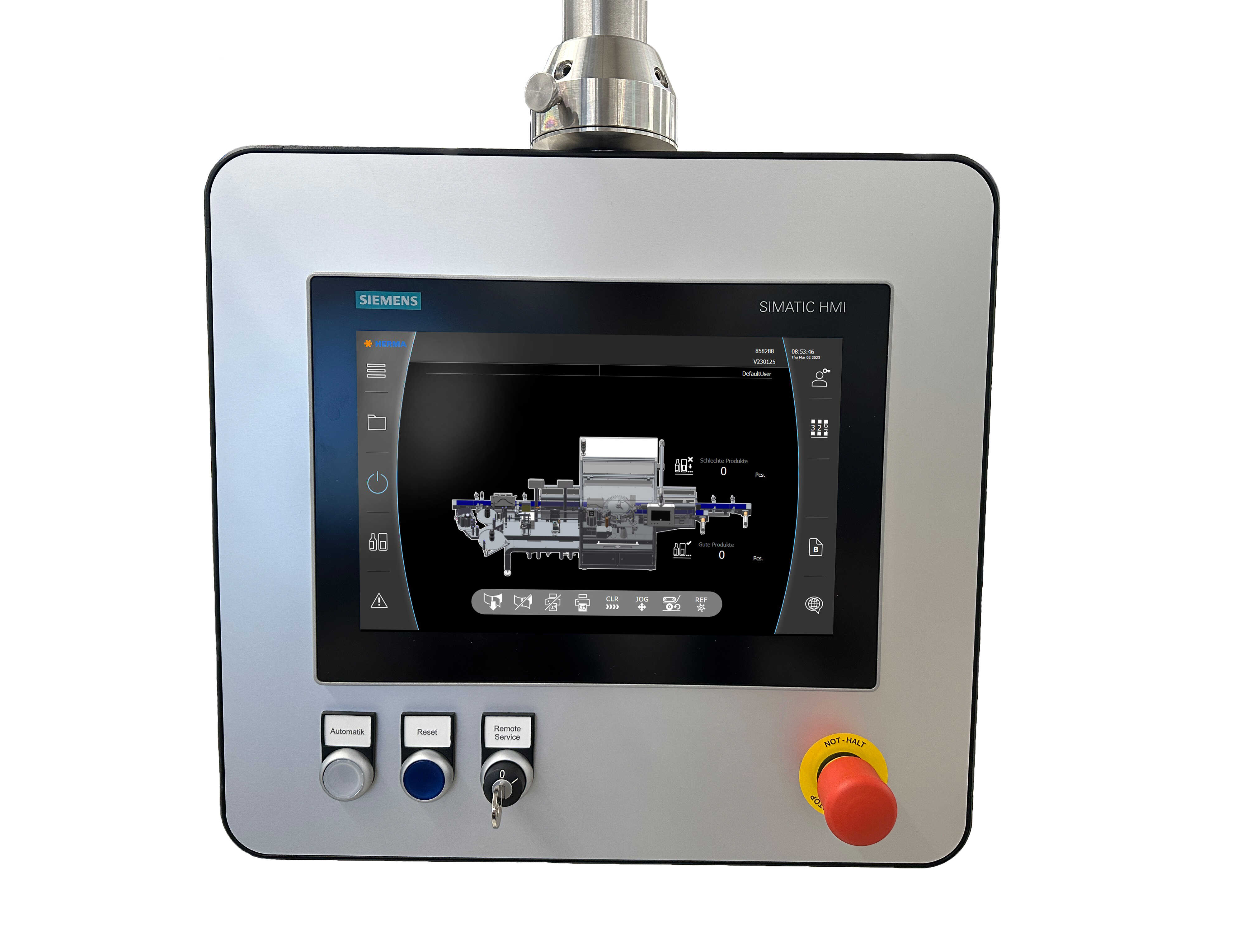 Unité de contrôle avec écran tactile de Siemens, affichant des informations techniques et des éléments de commande pour des applications industrielles.