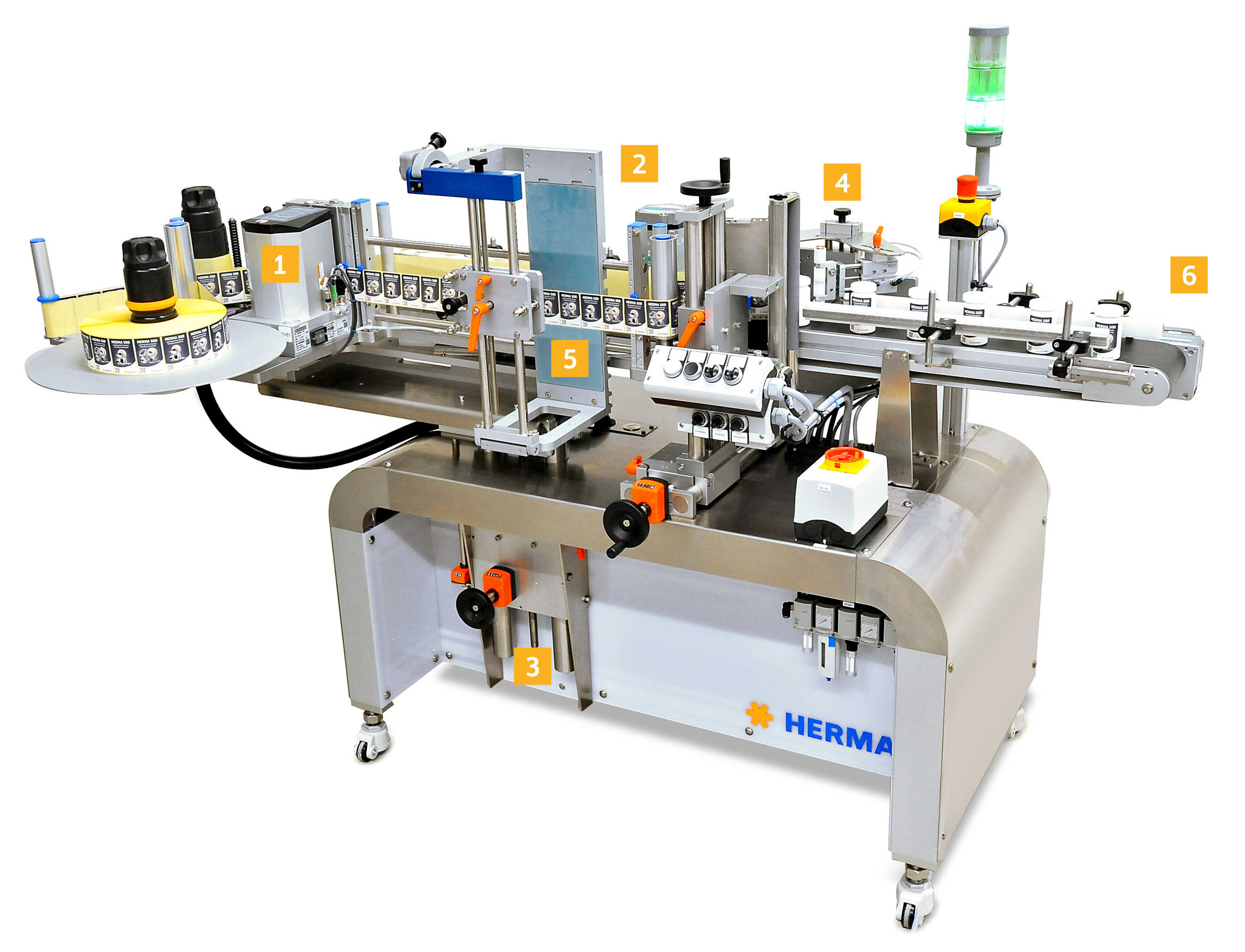 Machine d'étiquetage automatique avec différentes stations pour l'étiquetage, le positionnement et le contrôle des conteneurs.