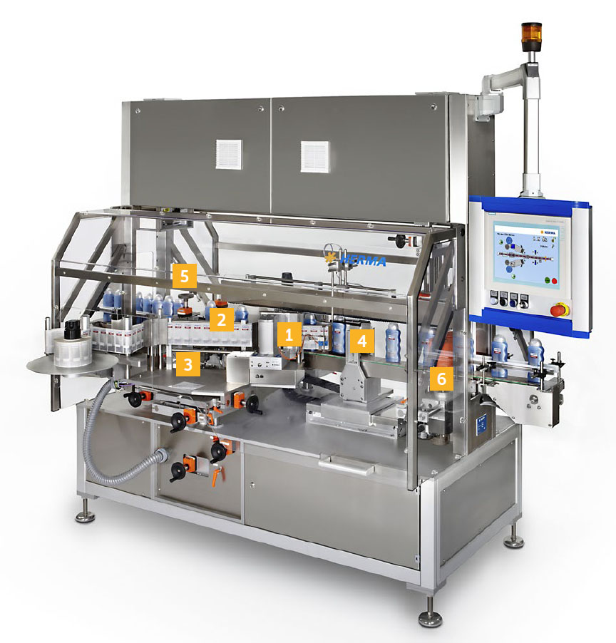 Une machine de remplissage automatisée en acier inoxydable avec plusieurs stations pour le traitement des bouteilles et un panneau de contrôle pour la gestion.