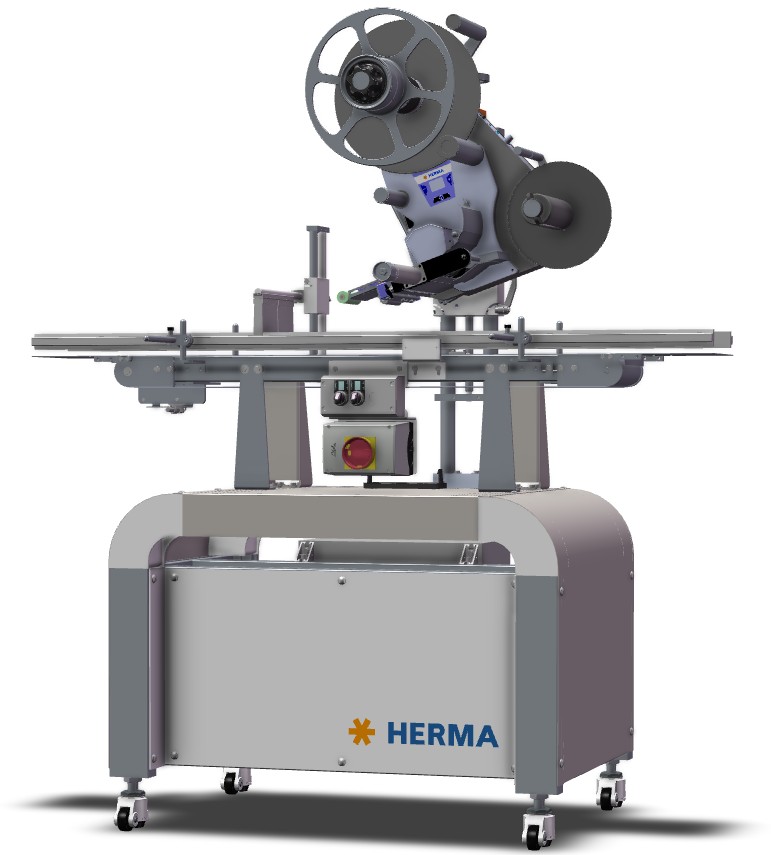 Machine d'étiquetage automatique avec un enrouleur et une unité de contrôle, montée sur un châssis stable.