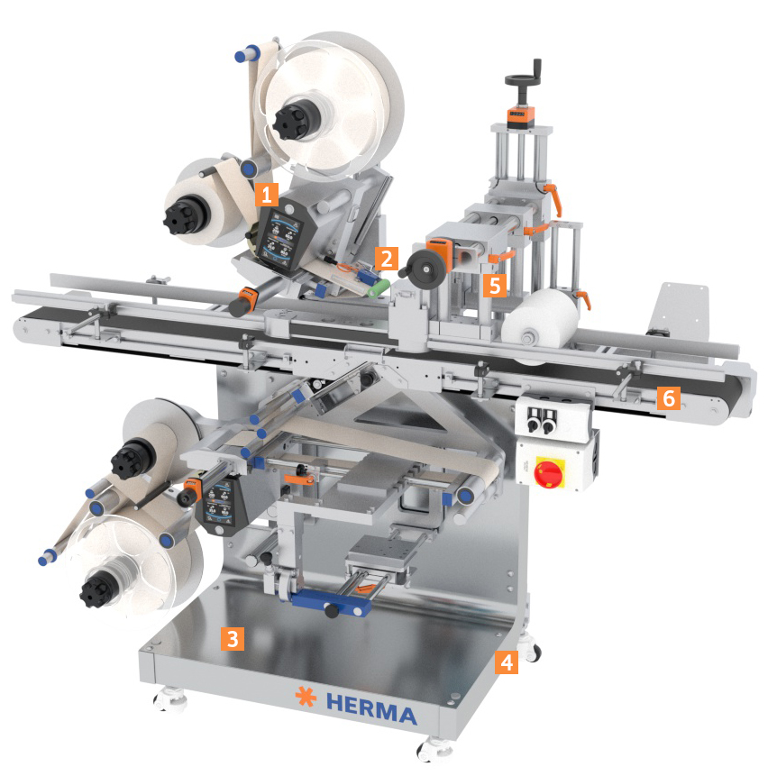 Machine à étiqueter automatique avec plusieurs rouleaux, unité de contrôle et convoyeur. Les composants pour l'adaptation et l'étiquetage sont visibles.
