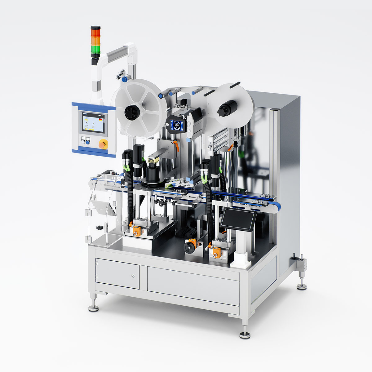 Machine automatisée d'étiquetage avec plusieurs rouleaux, unité de contrôle et divers composants mécaniques.