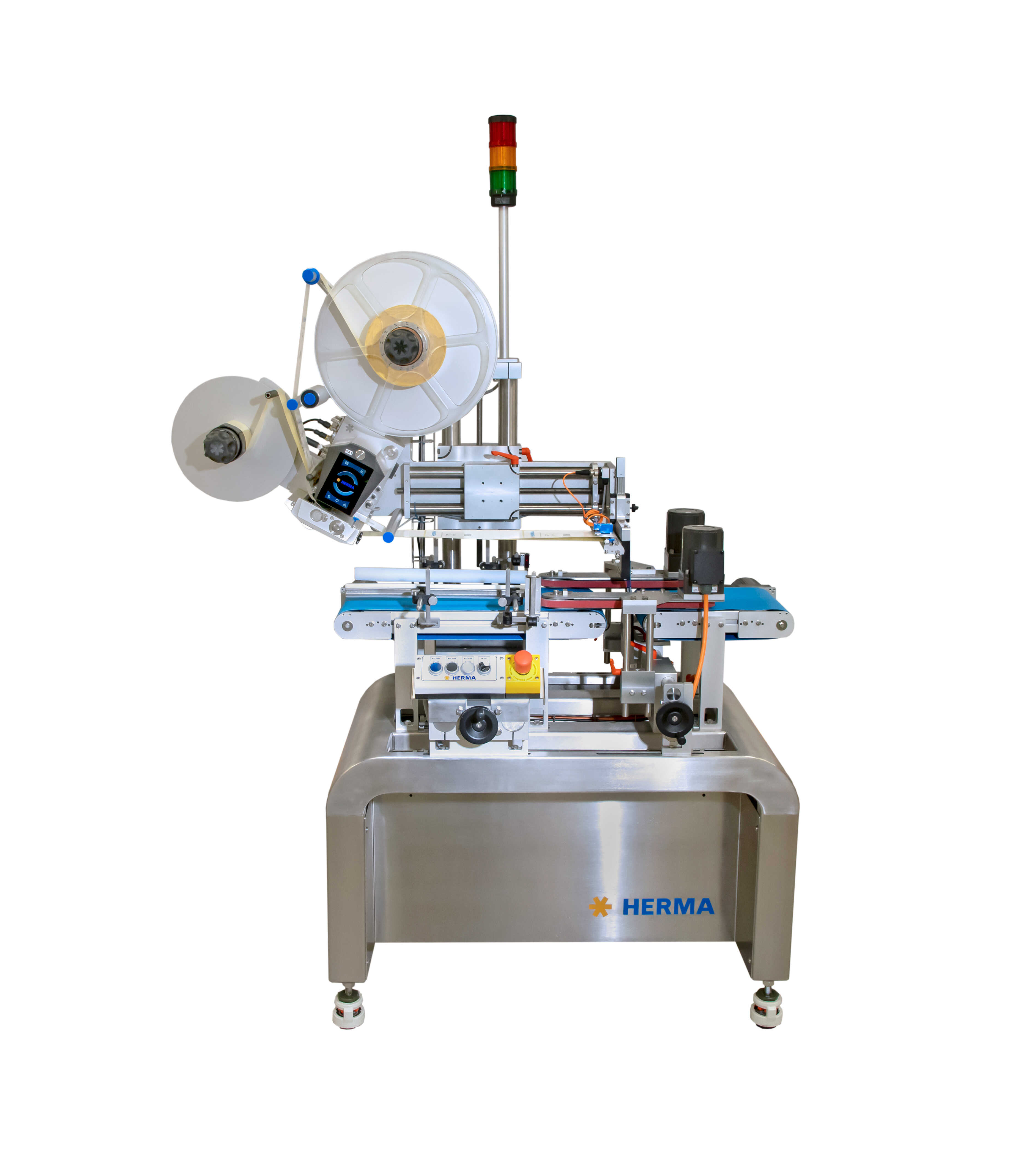 Machine à étiqueter avec plusieurs rouleaux, unité de contrôle et feux de sécurité, montée sur une table stable.