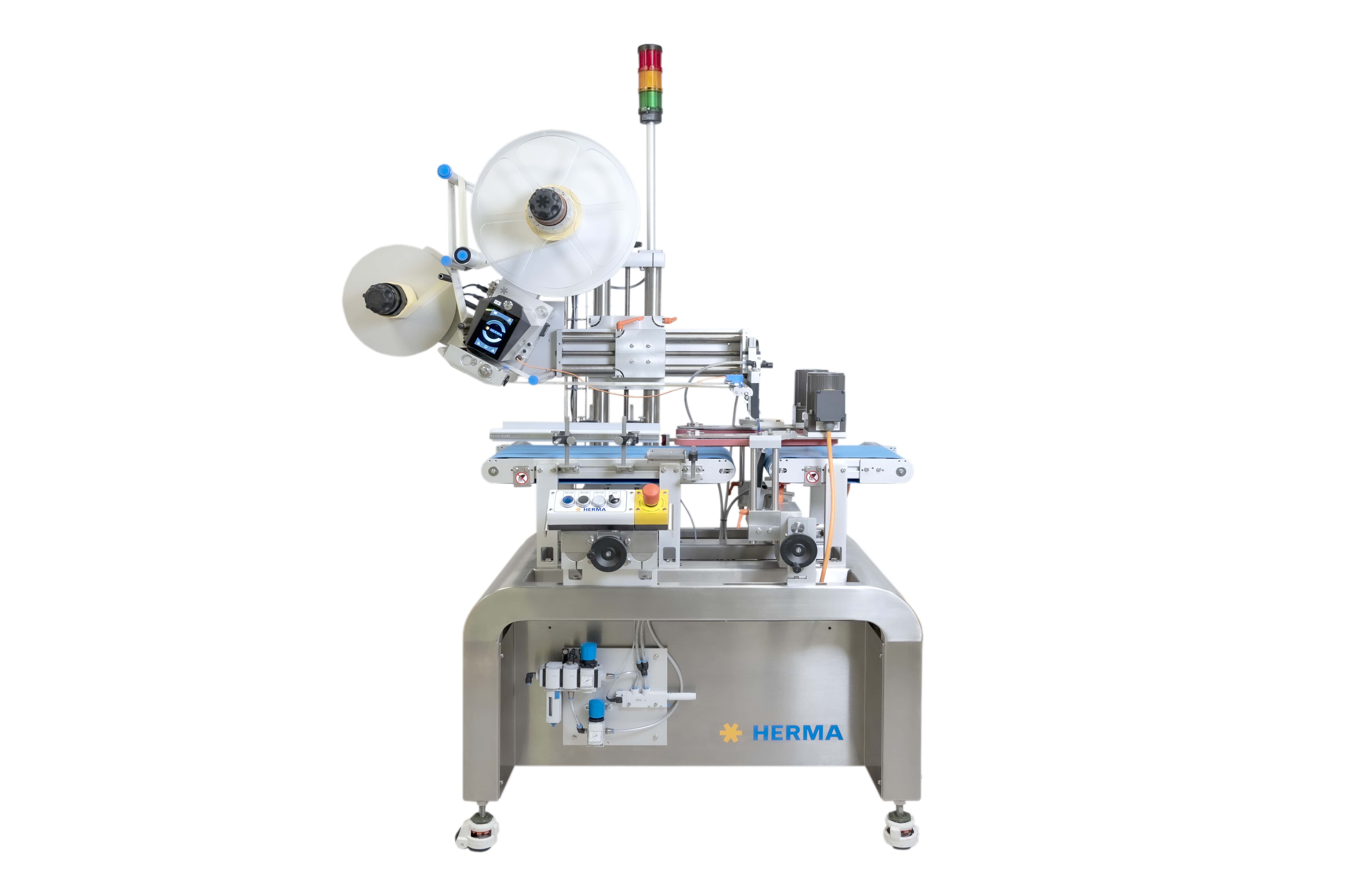 Machine étiqueteuse automatique avec deux rouleaux, unité de contrôle et un cadre en acier inoxydable robuste.
