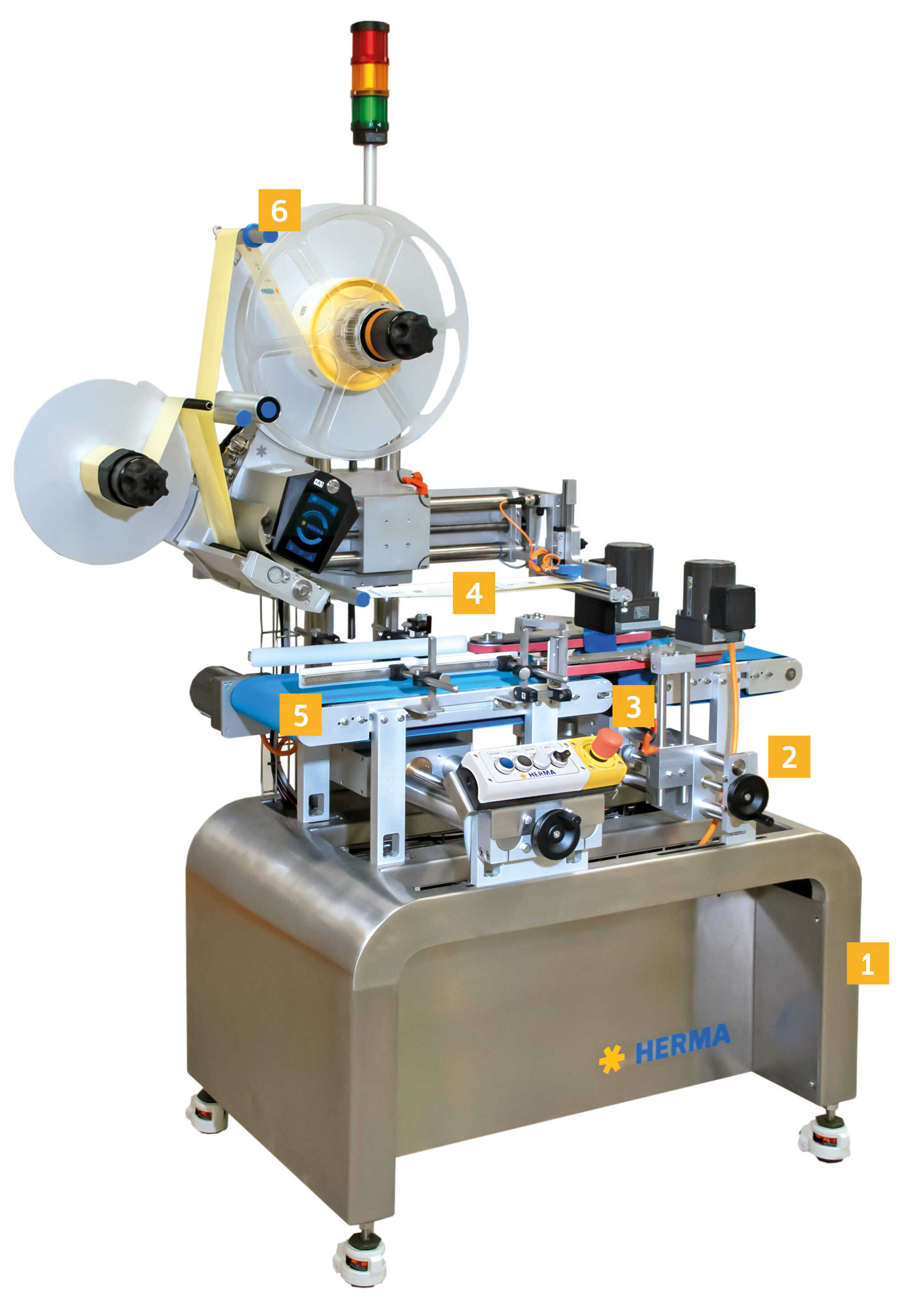 Machine étiqueteuse automatique avec plusieurs rouleaux, éléments de commande et un châssis en acier inoxydable robuste.