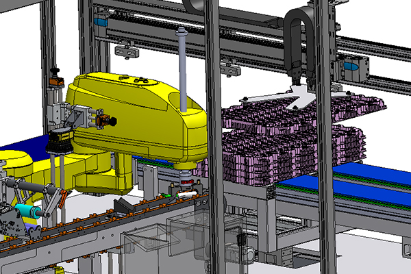 Robot industriel dans une ligne de production automatisée, traitant une pile de produits sur un convoyeur.