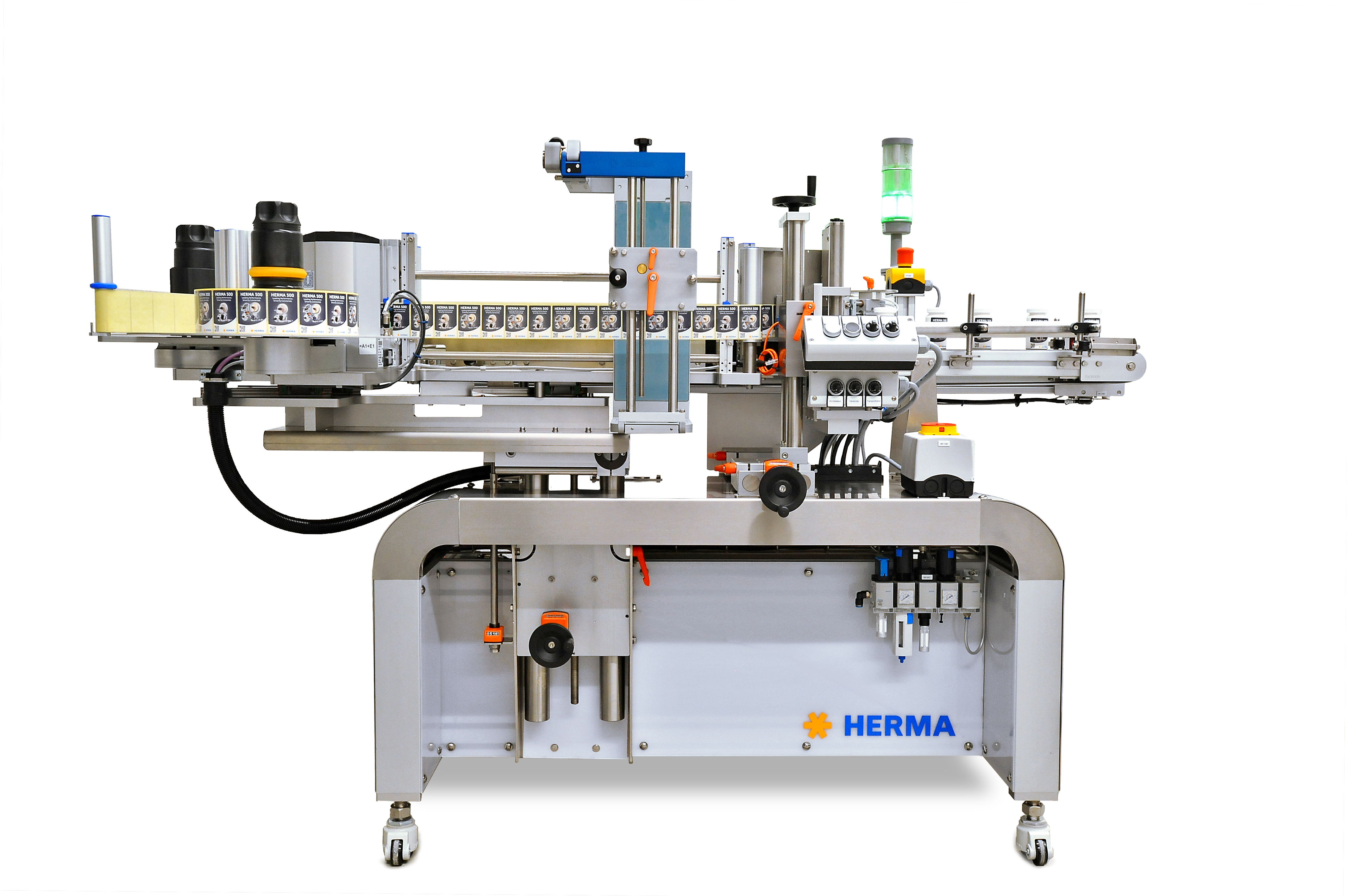 Machine d'étiquetage automatique avec différents composants, y compris une station d'étiquetage et des éléments de commande, sur un châssis stable.