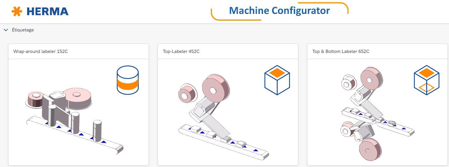 Configureur de machines avec trois options d'étiquetage : encolleuse à enroulement 152C, encolleuse supérieure 432C et encolleuse supérieure et inférieure 630C.