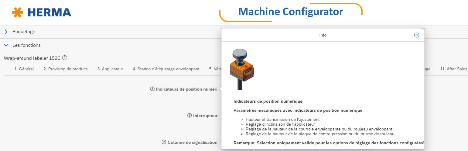 Configureur de machines HERMA avec des informations sur les affichages de position numériques et les paramètres mécaniques.
