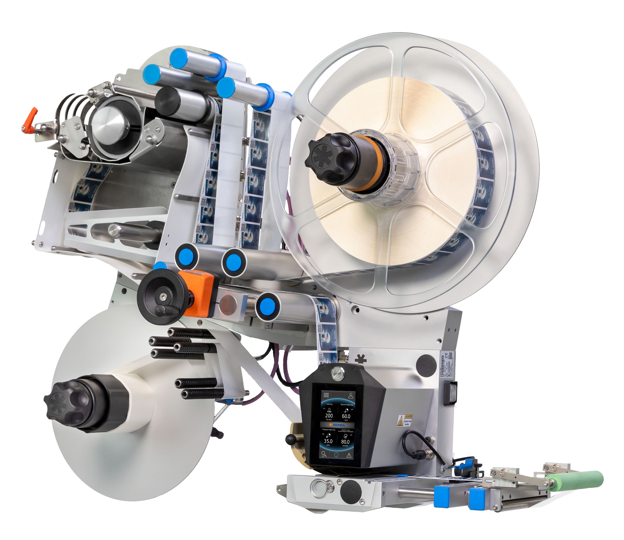 Une machine d'étiquetage moderne avec plusieurs rouleaux, une unité de contrôle et différents composants mécaniques pour l'étiquetage des produits.