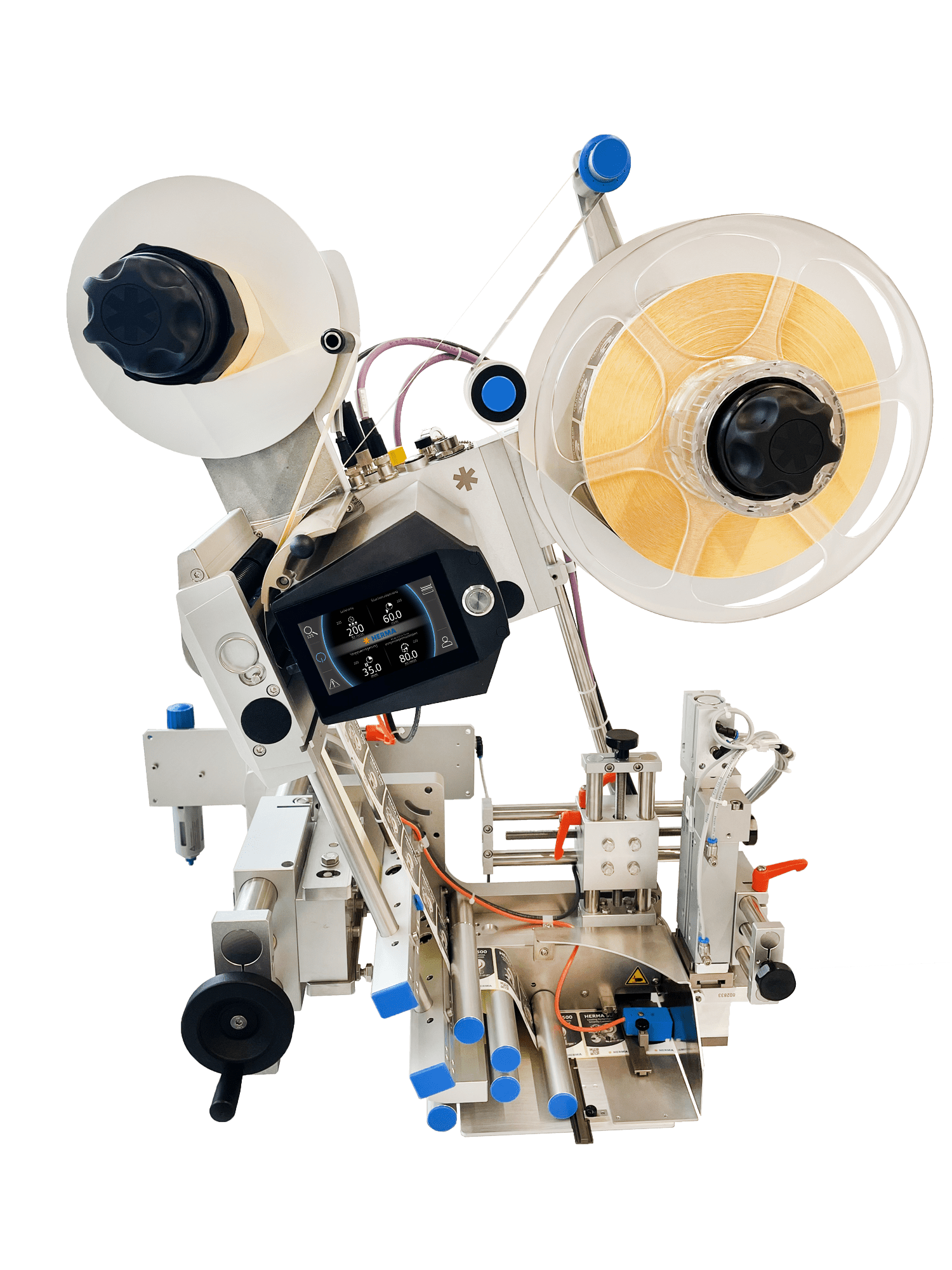 Une machine complexe avec deux bobines, un panneau de commande et divers composants mécaniques, conçue pour des applications industrielles.