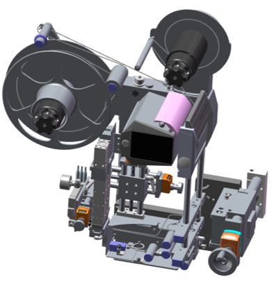 Plan technique d'un modèle de machine avec deux grandes roues, un boîtier central et divers composants mécaniques.