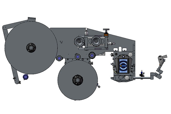 Dessin technique d'une machine avec deux grands rouleaux, des éléments d'entraînement et une unité de contrôle, conçue pour des applications industrielles.