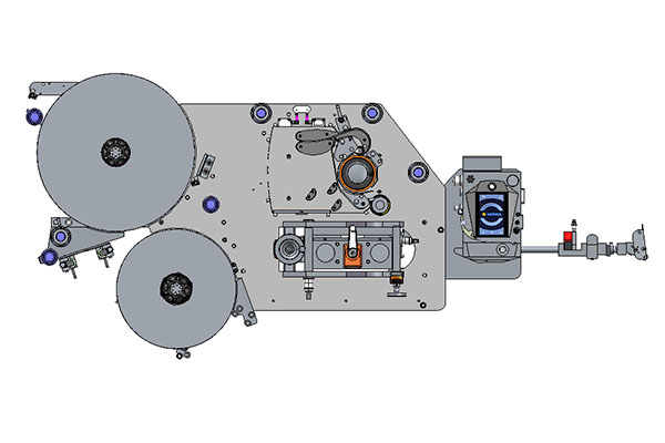 Plan technique d'une machine avec deux grands rouleaux, un mécanisme central et divers éléments de commande.