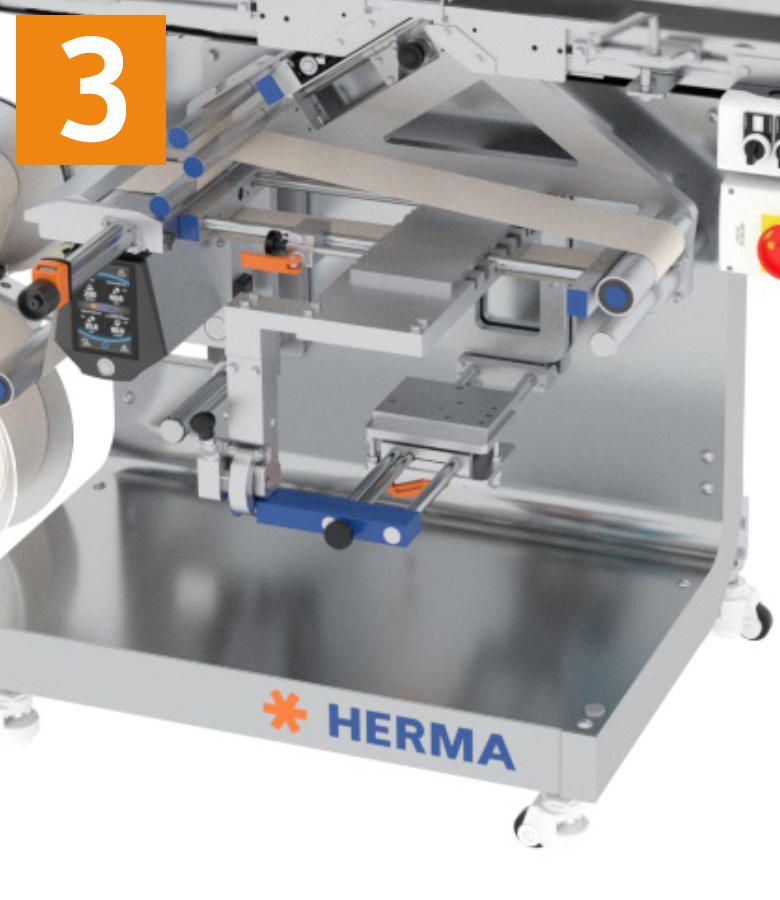 Texte : "Machine d'étiquetage avec différents composants, y compris des rouleaux et des éléments de commande, portant l'inscription 'HERMA' et le numéro 3.