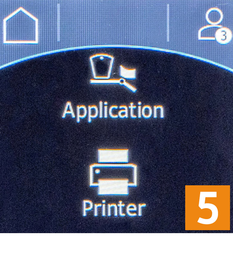 Interface utilisateur avec des icônes pour "Application" et "Imprimante", avec le chiffre 5 en orange en dessous.