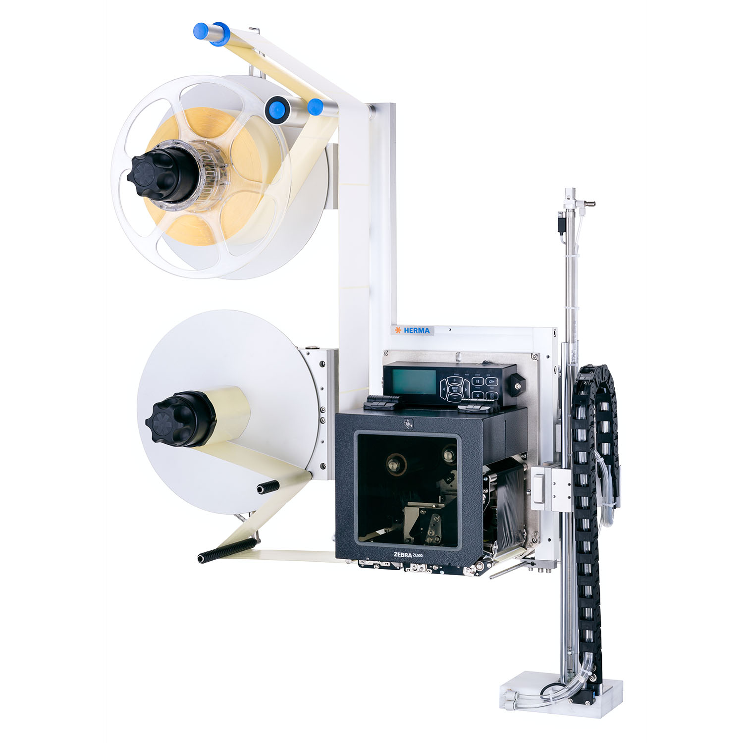 Une imprimante d'étiquettes avec deux rouleaux, une unité d'impression et un dispositif de contrôle, adaptée aux applications industrielles.