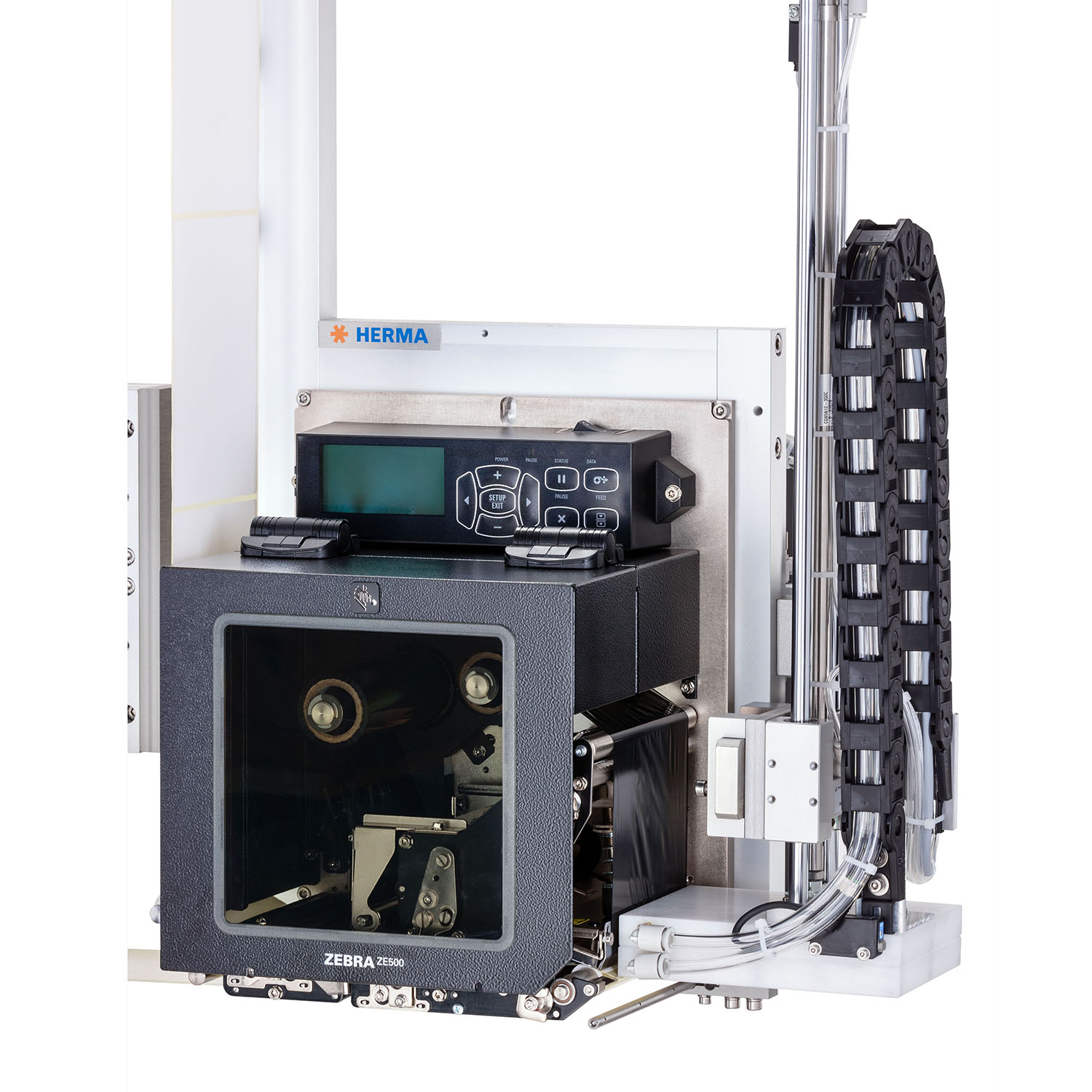 Imprimante d'étiquettes Zebra ZD620 avec unité de contrôle et mécanisme d'impression, montée sur un cadre stable.