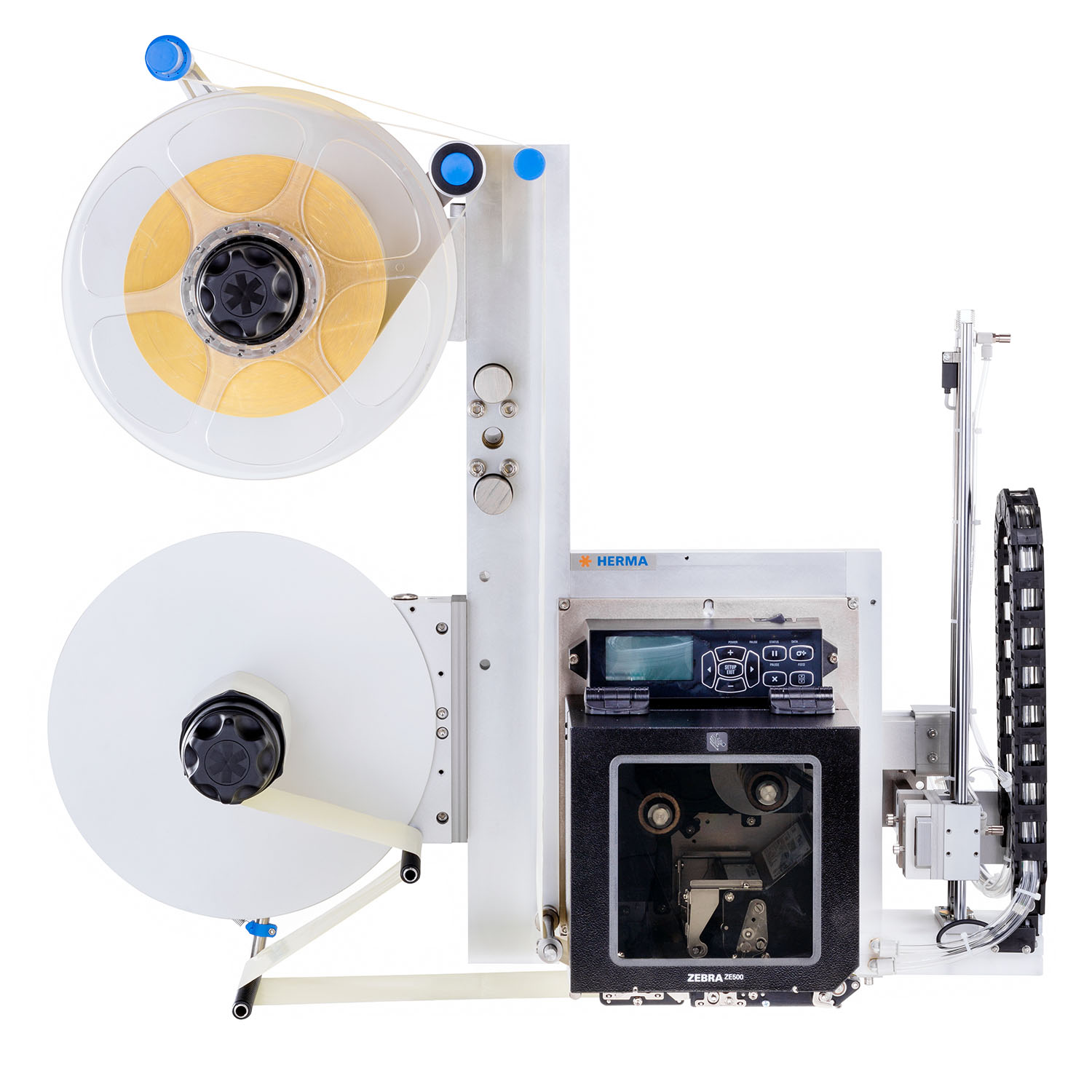 Machine à étiqueter avec deux rouleaux, unité de contrôle et un mécanisme de sortie. Idéale pour les applications industrielles.