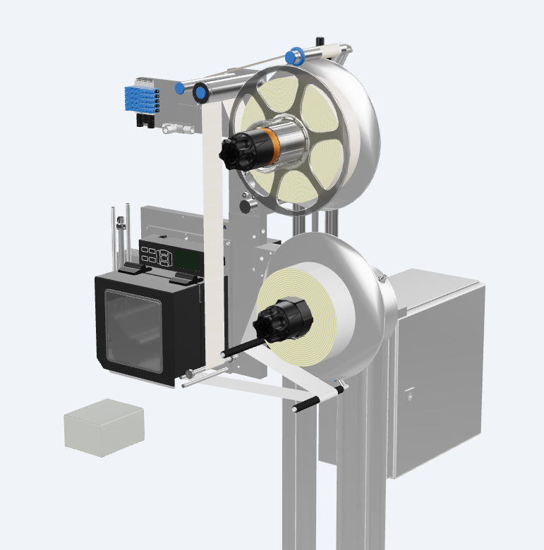 Texte : "Machine à deux bobines qui enroule des câbles ou des fils. Unité de contrôle visible et une petite boîte au premier plan.