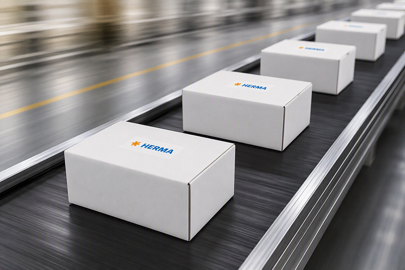 Des cartons blancs avec le logo de HERMA sur un tapis roulant dans un environnement d'entrepôt ou de production.